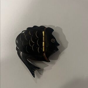 Vintage Hand Carved Beef & Brass Fish Pill Box